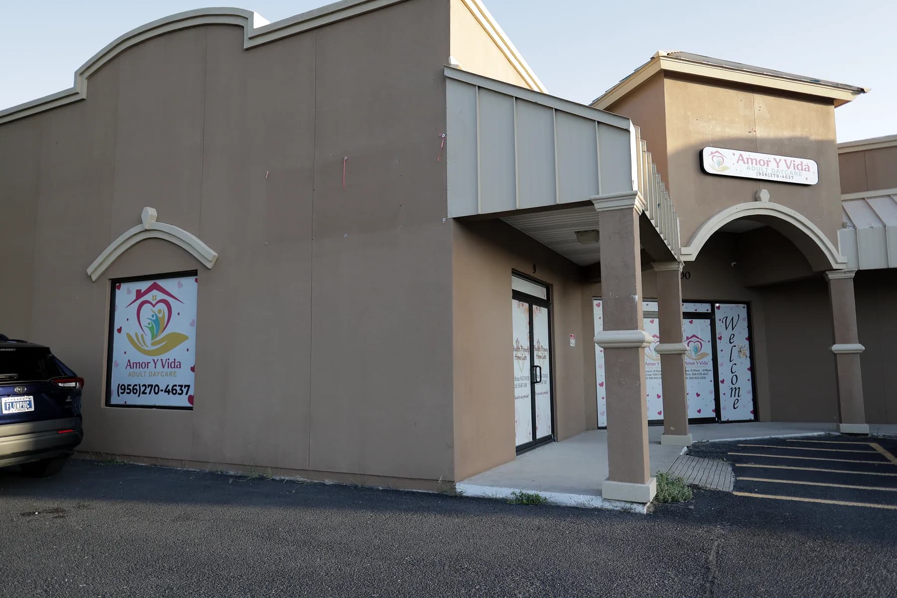 The Amor Y Vida Adult Day Care building and sign, seen from the parking lot