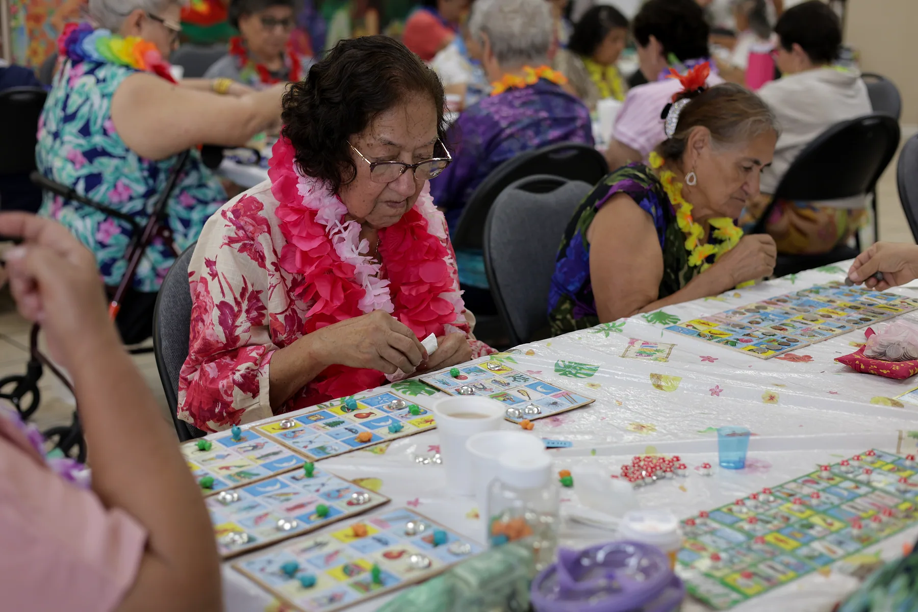 Two participants playing lotería side by side