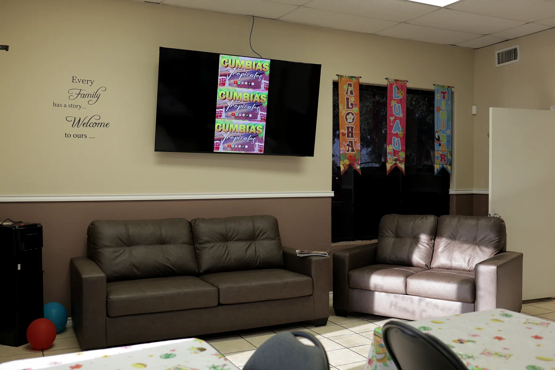The front lounge, where families wait and participants relax between activities