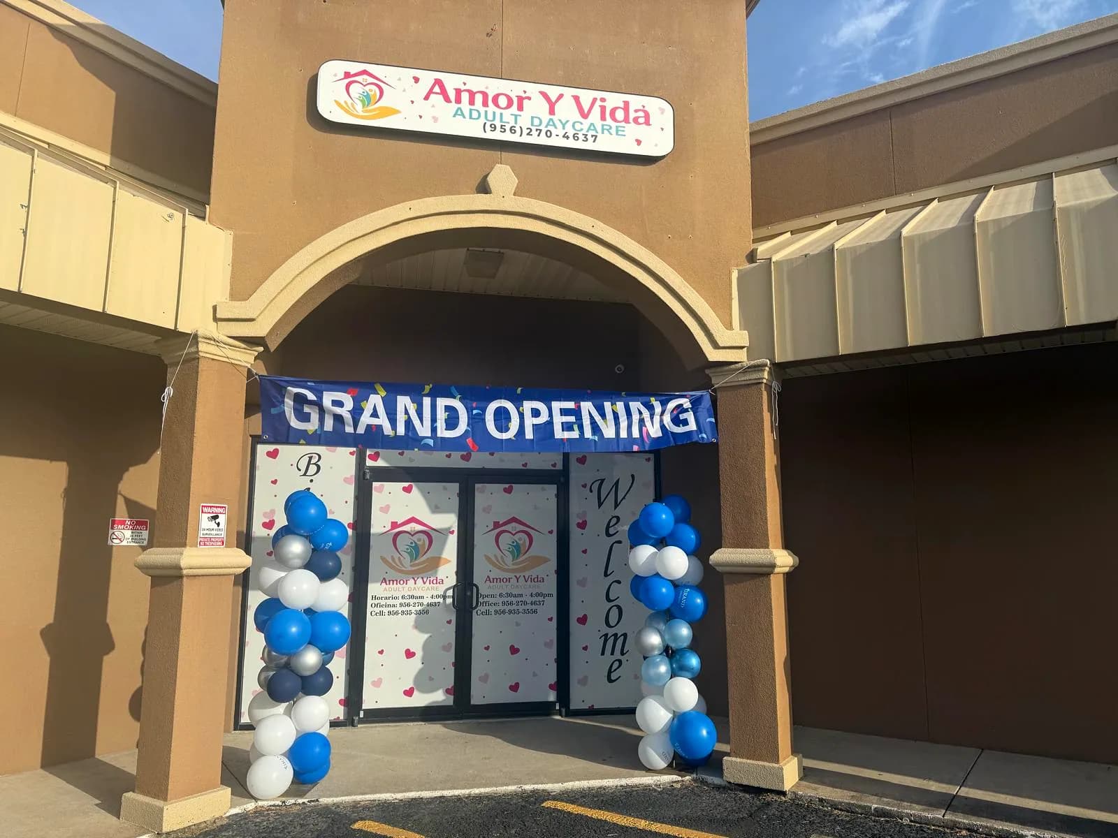 The center on its grand opening day, under the welcome banner